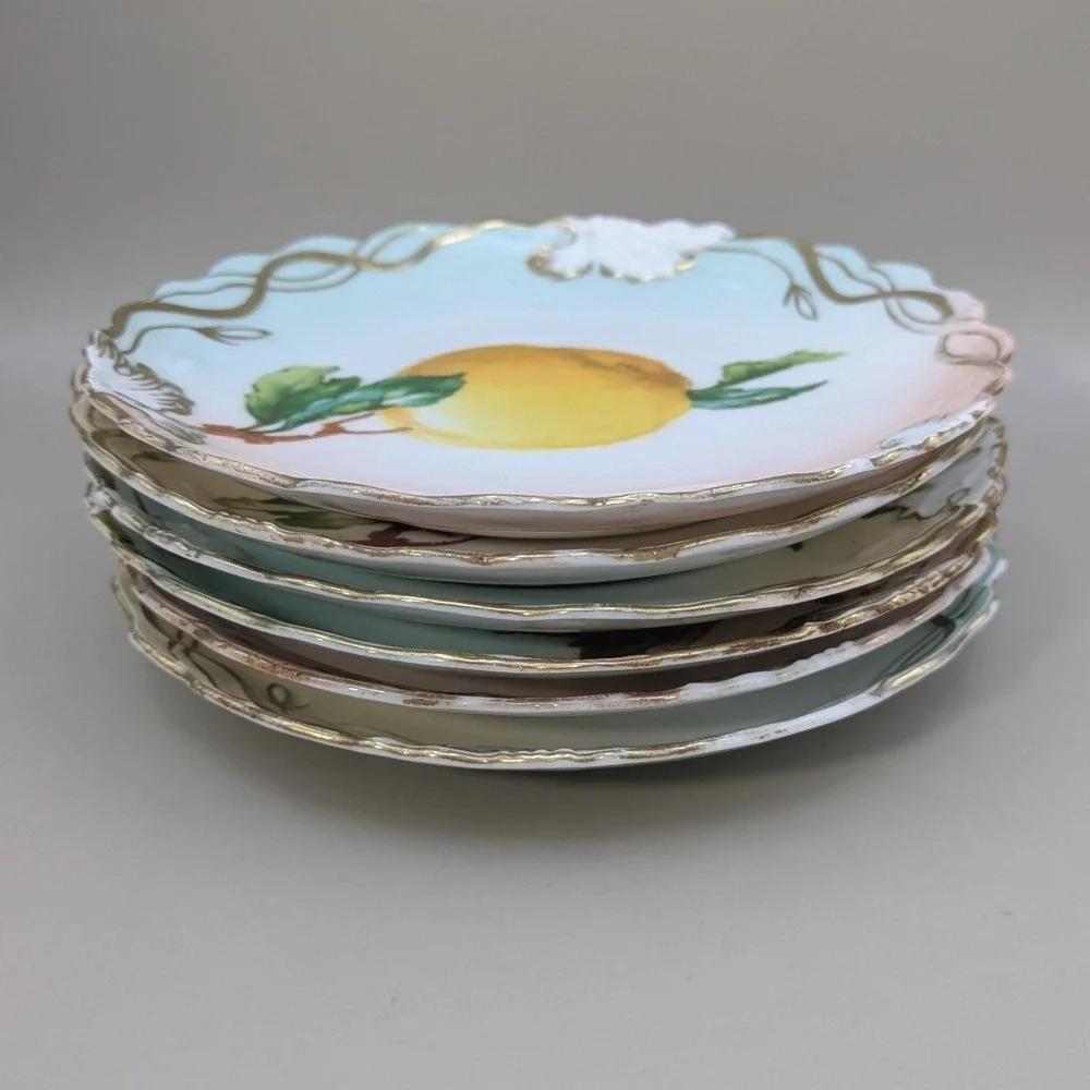 Antique Wheelock Vienna Austria Pomona Fruit Plates Set of 6 Gold Gilt Scalloped